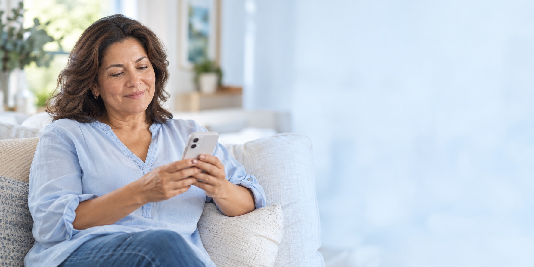 Adult woman comfortably reading her phone